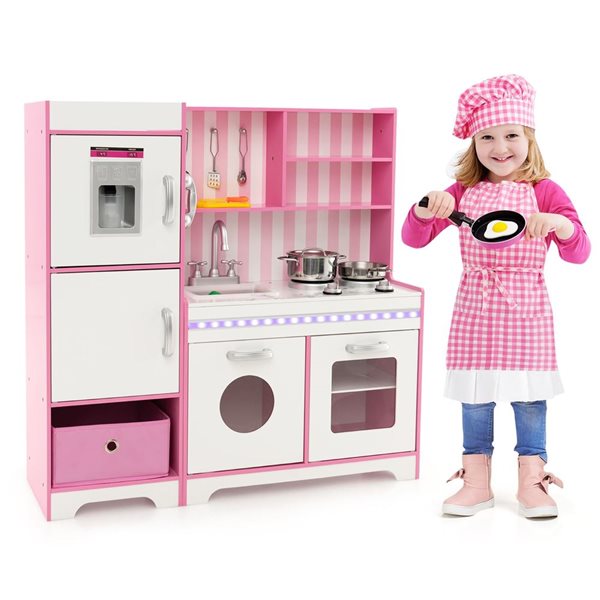 Costway Play Kitchen Playset w/ Adjustable LED Lights and Washing Machine