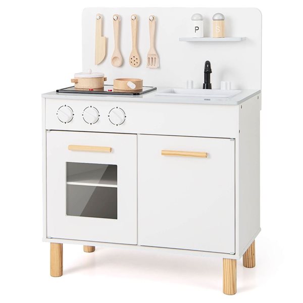 Costway Play Kitchen w/ Oven/Sink/ Faucet and Light Up Stove and Sounds - White