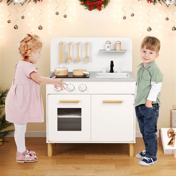 Costway Play Kitchen w/ Oven/Sink/ Faucet and Light Up Stove and Sounds - White