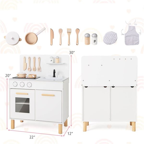 Costway Play Kitchen w/ Oven/Sink/ Faucet and Light Up Stove and Sounds - White