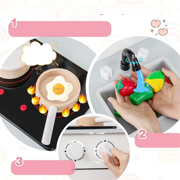 Costway Play Kitchen w/ Oven/Sink/ Faucet and Light Up Stove and Sounds - White