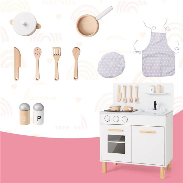 Costway Play Kitchen w/ Oven/Sink/ Faucet and Light Up Stove and Sounds - White