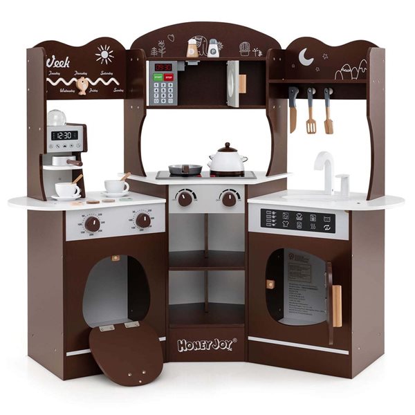 Costway Play Kitchen Playset w/ Coffee Machine + Microwave Oven and Washing Machine - Brown