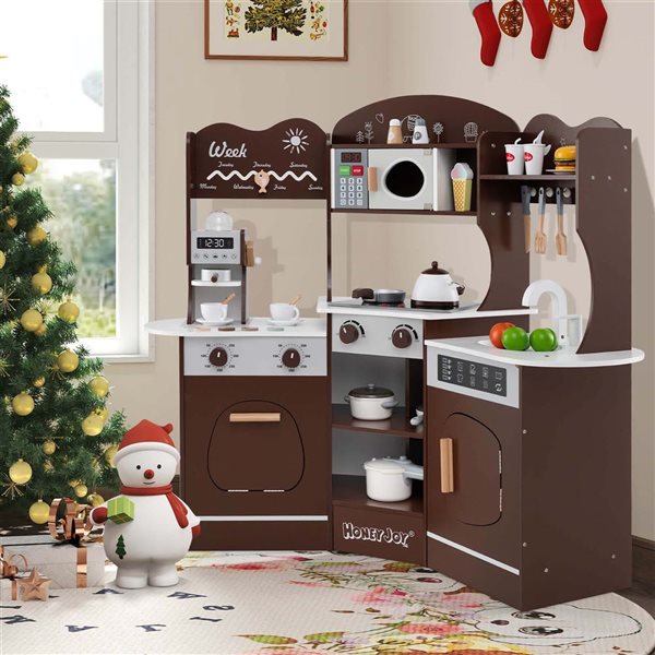 Costway Play Kitchen Playset w/ Coffee Machine + Microwave Oven and Washing Machine - Brown