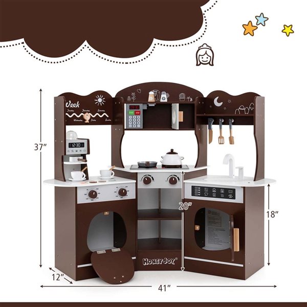 Costway Play Kitchen Playset w/ Coffee Machine + Microwave Oven and Washing Machine - Brown