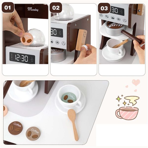 Costway Play Kitchen Playset w/ Coffee Machine + Microwave Oven and Washing Machine - Brown