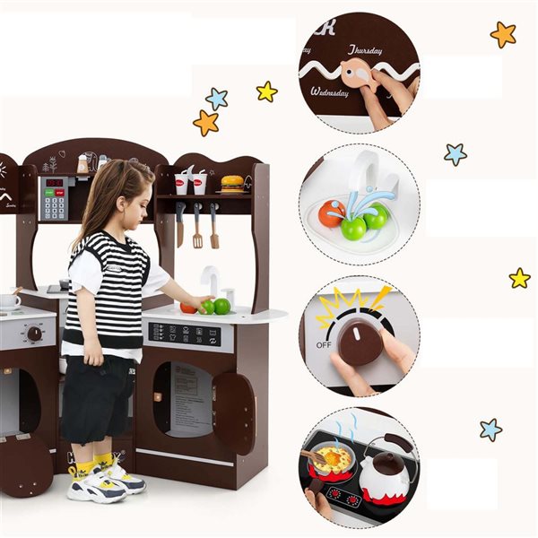 Costway Play Kitchen Playset w/ Coffee Machine + Microwave Oven and Washing Machine - Brown