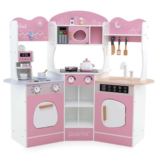 Costway Play Kitchen w/ Coffee Machine + Microwave Oven and Washing Machine - Pink