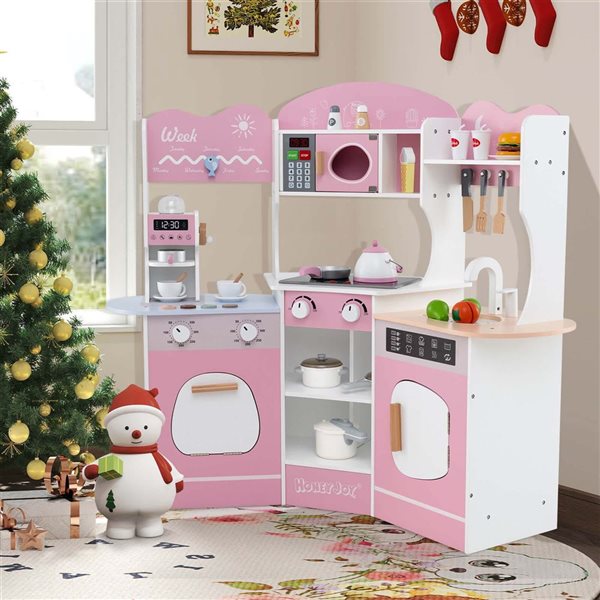 Costway Play Kitchen w/ Coffee Machine + Microwave Oven and Washing Machine - Pink