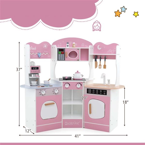 Costway Play Kitchen w/ Coffee Machine + Microwave Oven and Washing Machine - Pink