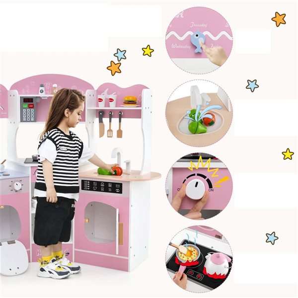 Costway Play Kitchen w/ Coffee Machine + Microwave Oven and Washing Machine - Pink