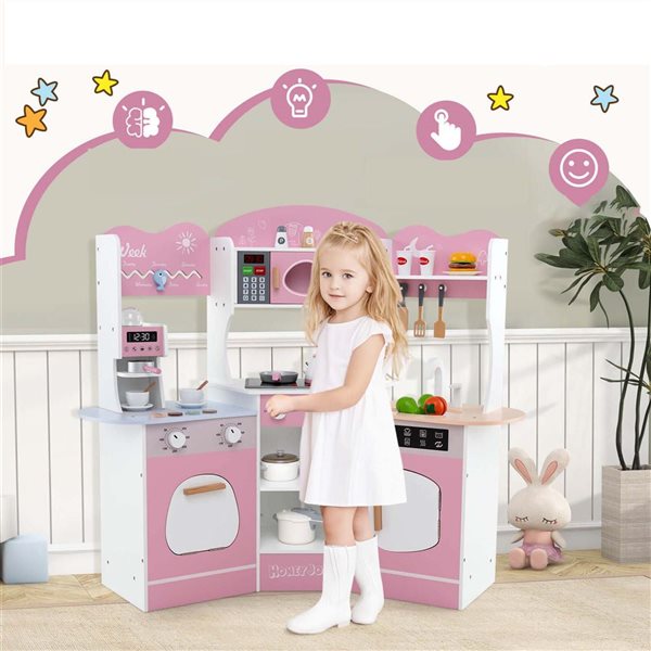 Costway Play Kitchen w/ Coffee Machine + Microwave Oven and Washing Machine - Pink