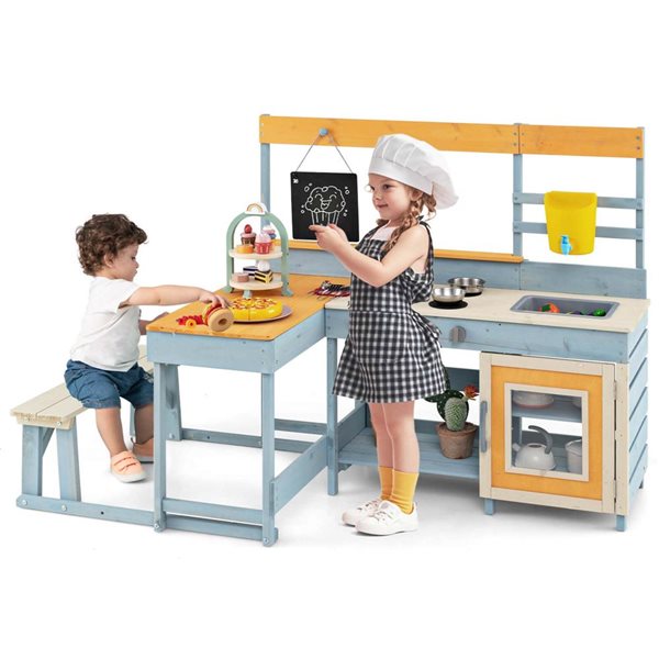 Costway Play Kitchen w/ Picnic Table and Bench + Blackboard