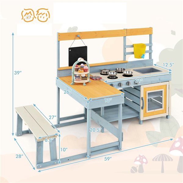 Costway Play Kitchen w/ Picnic Table and Bench + Blackboard