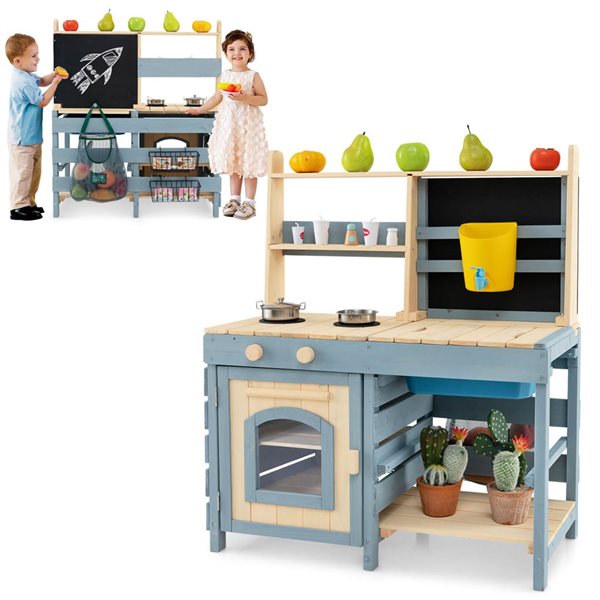 Costway 2-In-1 Outdoor Play Kitchen w/ Faucet and Removable Metal Baskets and Storage Bag
