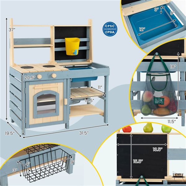 Costway 2-In-1 Outdoor Play Kitchen w/ Faucet and Removable Metal Baskets and Storage Bag