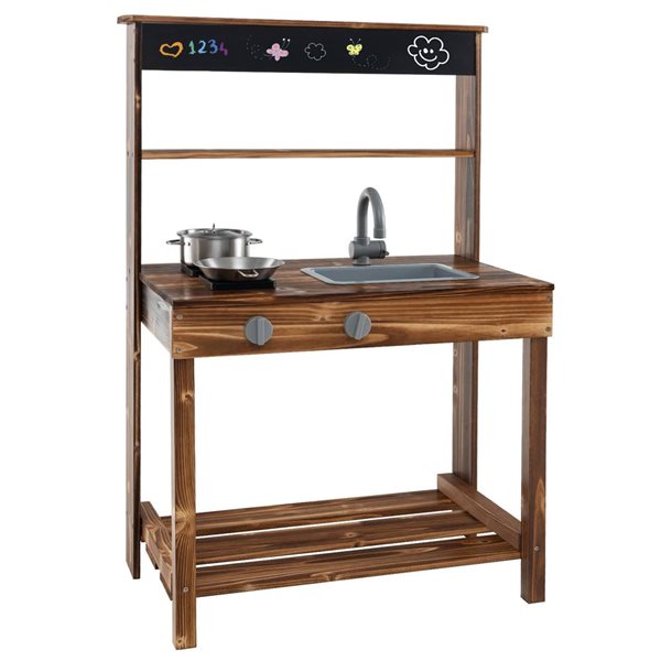 Costway Play Kitchen w/ Blackboard and Removable Sink - Natural