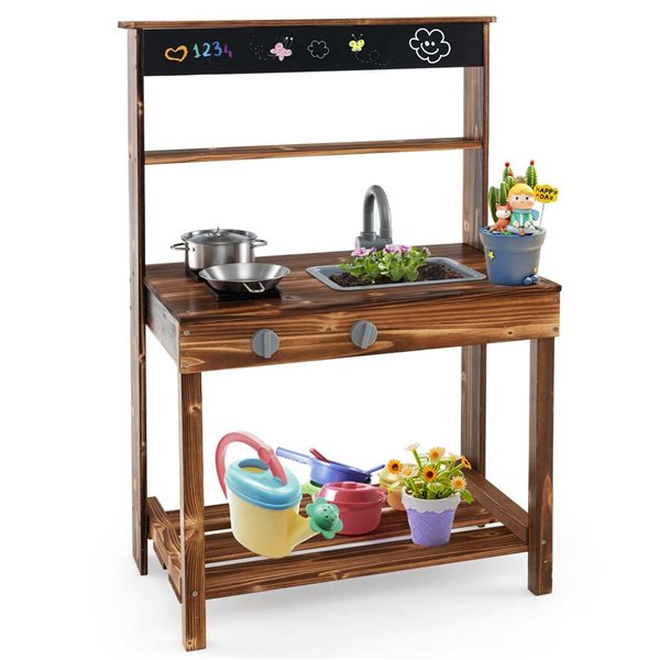 Costway Play Kitchen w/ Blackboard and Removable Sink - Natural