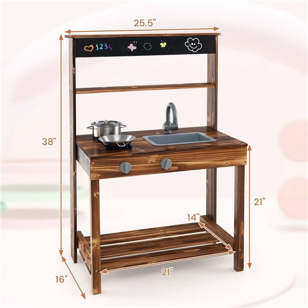 Costway Play Kitchen w/ Blackboard and Removable Sink - Natural
