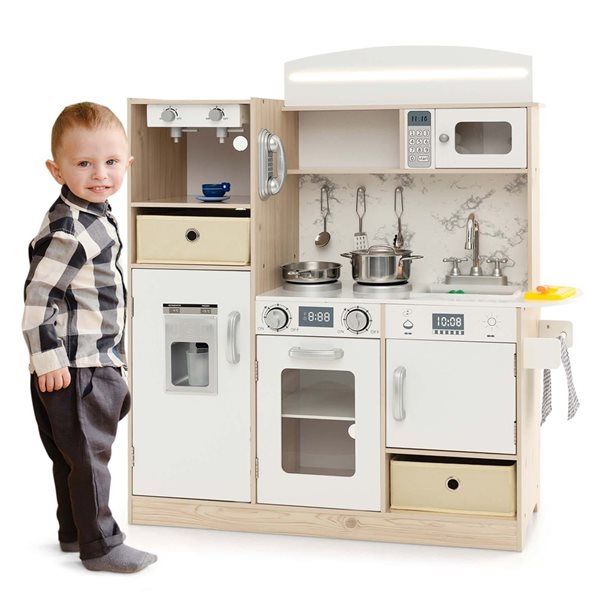 Costway Wooden Play Kitchen w/ Coffee Maker and LED Lighting