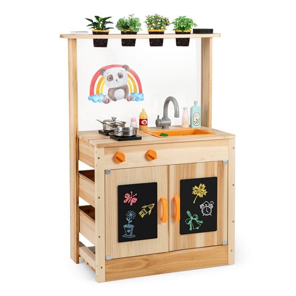 Costway Play Kitchen w/ Planting Pots + Faucet and Removable Sink and Acrylic Panel