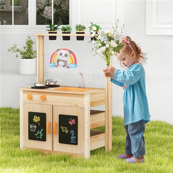 Costway Play Kitchen w/ Planting Pots + Faucet and Removable Sink and Acrylic Panel