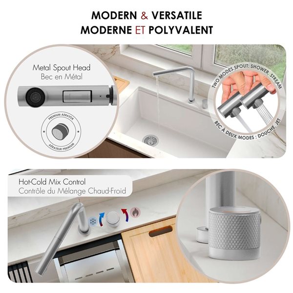 Stylish Single Handle Lift-Up Kitchen Faucet w/ Pull-Down Sprayhead - Brushed Stainless Steel