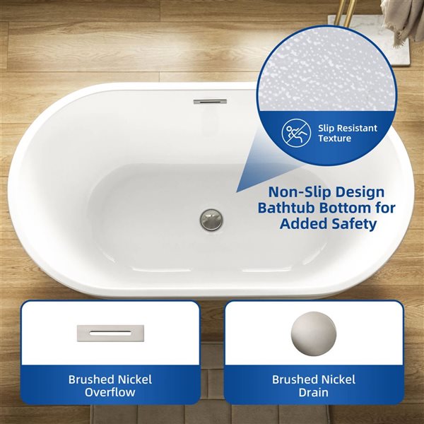 Woodbridge 48 x 26-in White Soaking Acrylic Bathtub with Brushed Nickel Overflow and Drain