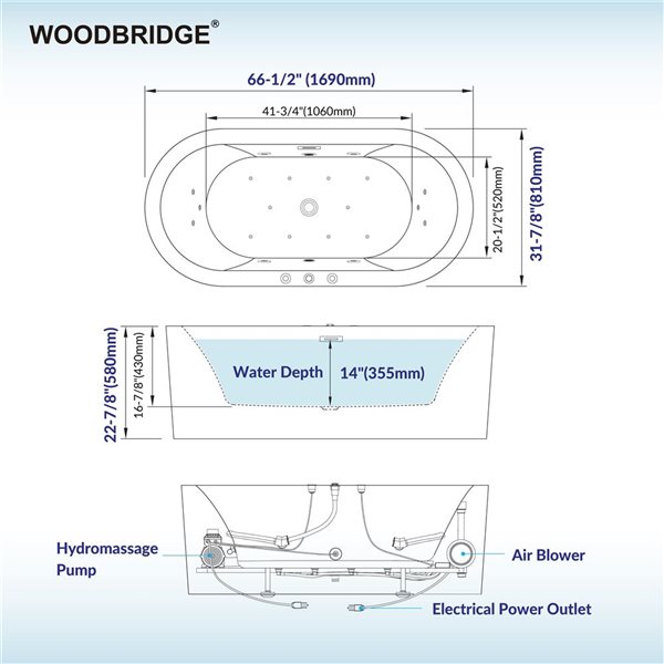 Woodbridge 66.5 x 32-in Freestanding Bathtub with Center Drain and Overflow