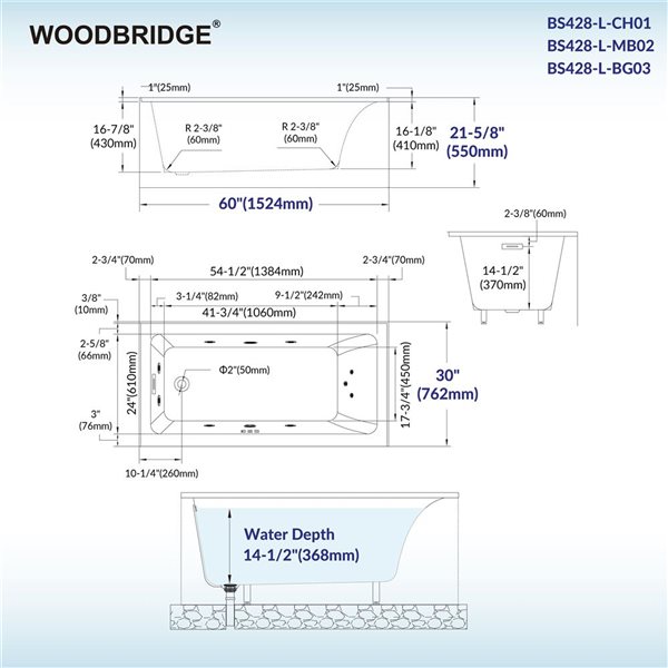 Woodbridge 60 x 30-in White Heated Bathtub with Matte Black Left Drain