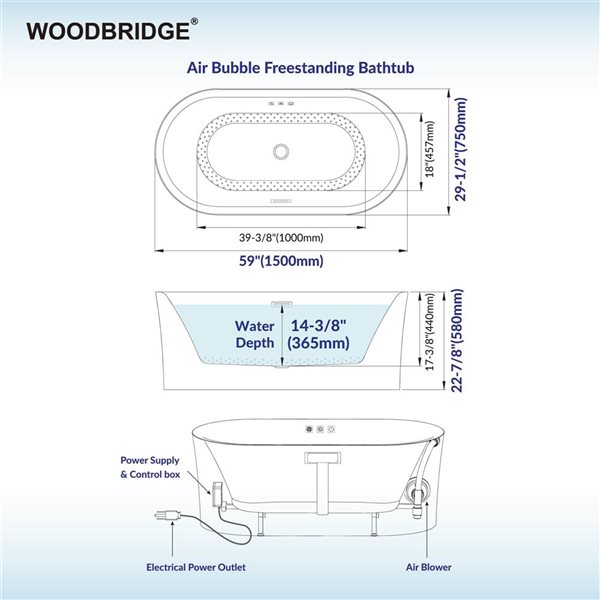 Woodbridge 59 x 29.5-in Freestanding Acrylic< Soaking Bathtub with Matte Black Drain & Overflow