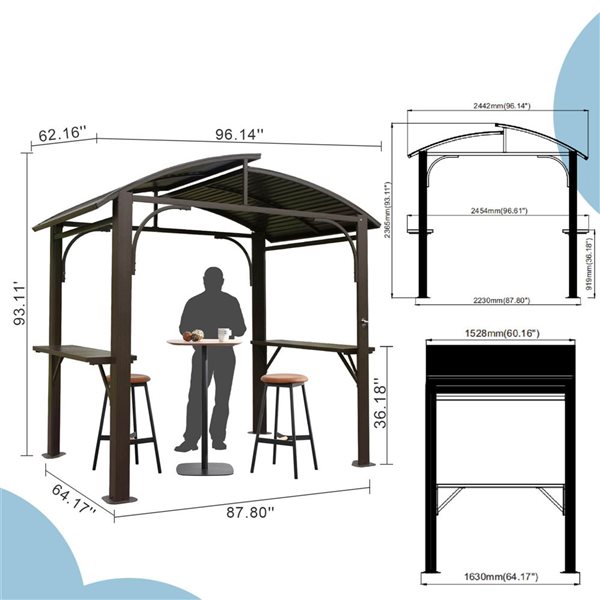 Mondawe 5 x 8-ft BBQ Metal Gazebo w/ Arc Roof and Side Shelves - Brown
