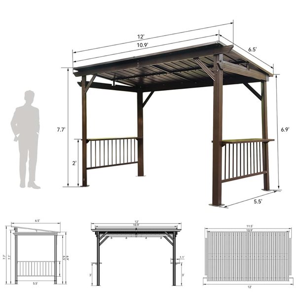 Mondawe 6.5 x 12-ft BBQ Metal Gazebo w/ Side Shelves - Brown