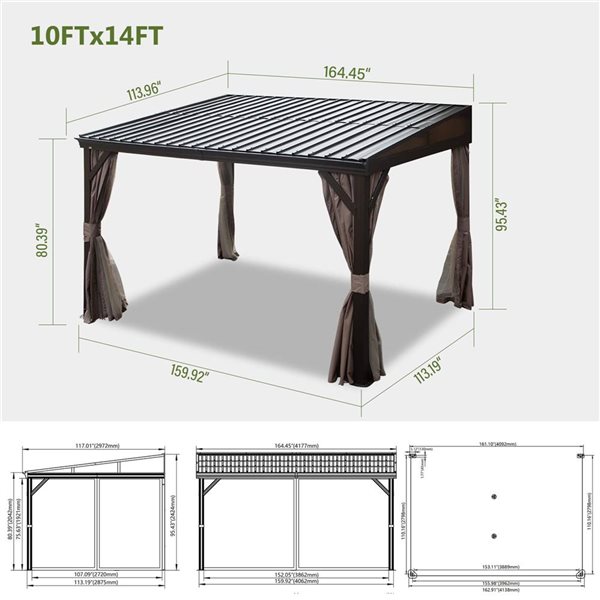 Mondawe 10 x 14-ft Metal Wall Mounted Gazebo - Brown