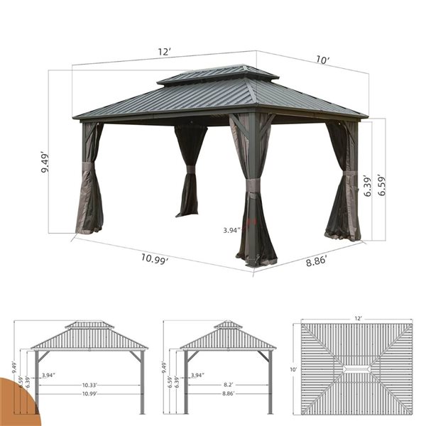 Mondawe 10 x 12-ft Metal Gazebo - Grey
