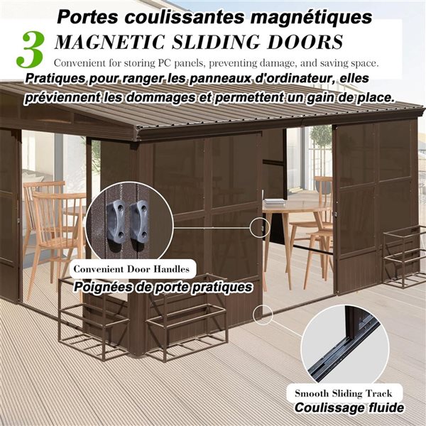 Mondawe 10 x 14-ft Wall Mounted Solarium w/ Metal Hardtop and 2 Lockable Sliding Doors - Brown