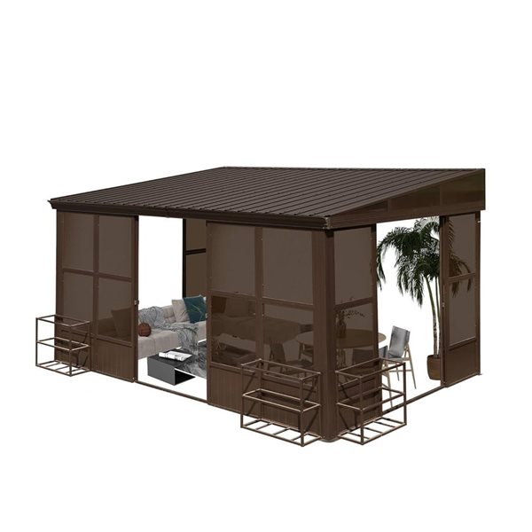 Mondawe 10 x 14-ft Wall Mounted Solarium w/ Metal Hardtop and 2 Lockable Sliding Doors - Brown