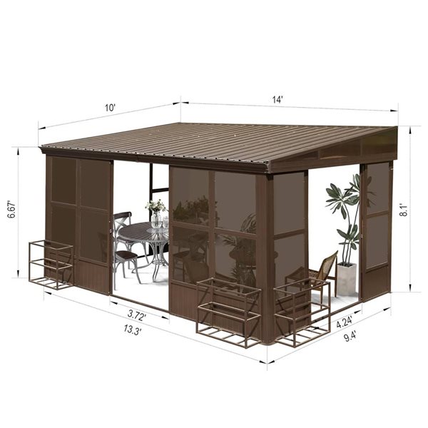Mondawe 10 x 14-ft Wall Mounted Solarium w/ Metal Hardtop and 2 Lockable Sliding Doors - Brown