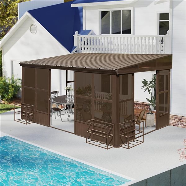Mondawe 10 x 14-ft Wall Mounted Solarium w/ Metal Hardtop and 2 Lockable Sliding Doors - Brown