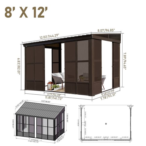 Mondawe 8 x 12-ft Wall Mounted Solarium w/ Metal Hardtop + 2 Lockable Sliding Doors - Brown