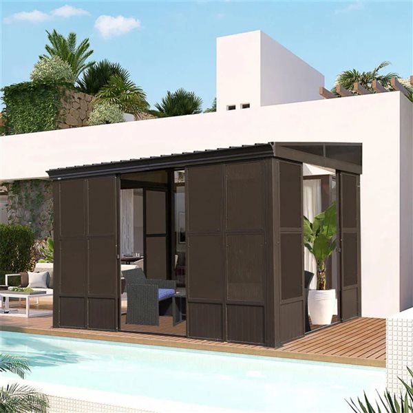 Mondawe 8 x 12-ft Wall Mounted Solarium w/ Metal Hardtop + 2 Lockable Sliding Doors - Brown