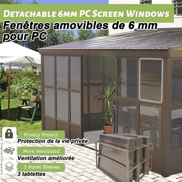 Mondawe 12 x 16-ft Wall Mounted Solarium w/ Metal Hardtop and 2 Lockable Sliding Doors - Brown