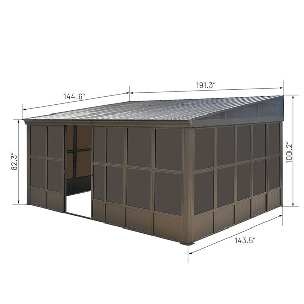 Mondawe 12 x 16-ft Wall Mounted Solarium w/ Metal Hardtop and 2 Lockable Sliding Doors - Brown