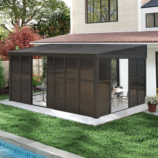Mondawe 12 x 16-ft Wall Mounted Solarium w/ Metal Hardtop and 2 Lockable Sliding Doors - Brown