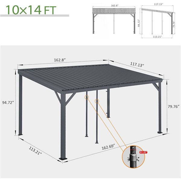 Mondawe 10 x 14-ft Metal Wall Mounted Gazebo - Grey