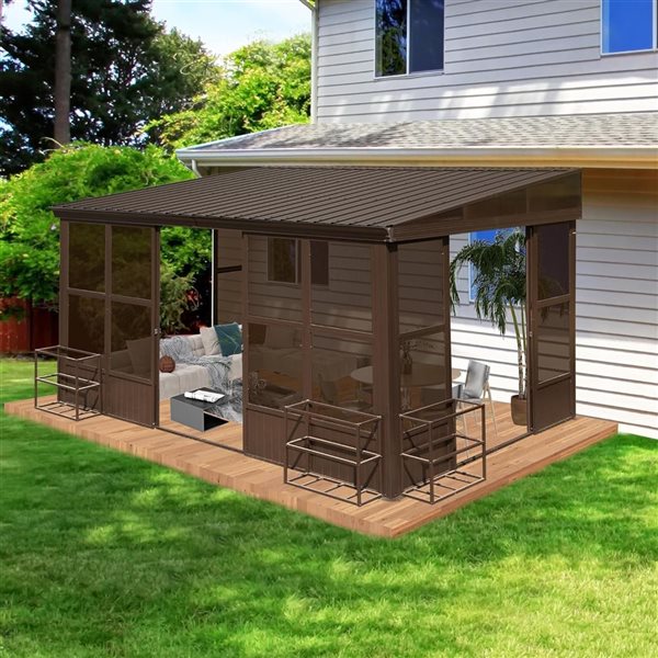 Mondawe 10 x 12-ft Wall Mounted Solarium w/ Metal Hardtop and 2 Lockable Sliding Doors - Brown