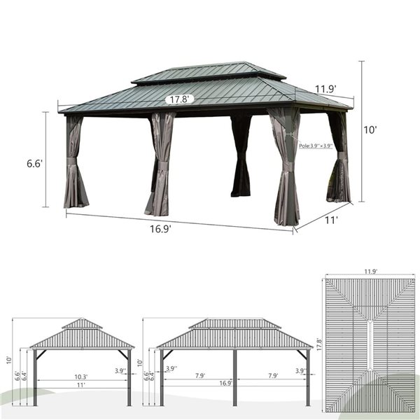 Mondawe 12 x 18-ft Metal Gazebo - Grey