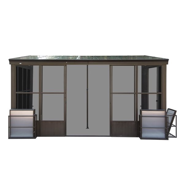 Mondawe 10 x 12-ft Wall Mounted Solarium w/ PC Hardtop Roof and 2 Lockable Sliding Doors - Brown