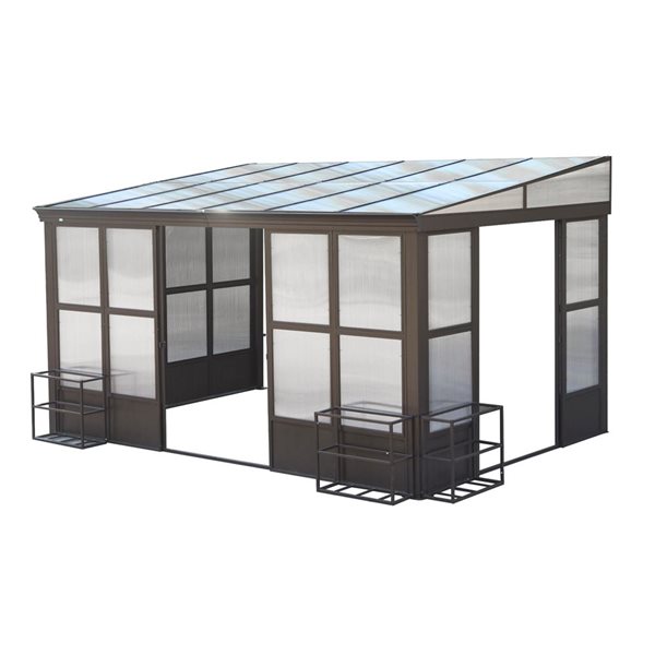 Mondawe 10 x 12-ft Wall Mounted Solarium w/ PC Hardtop Roof and 2 Lockable Sliding Doors - Brown