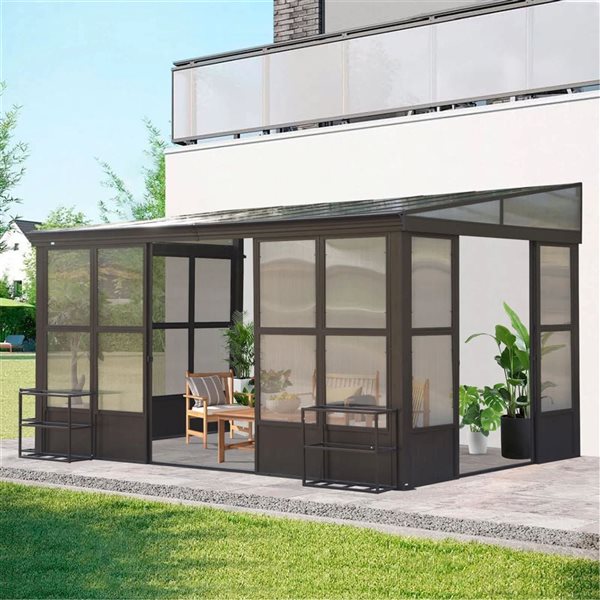 Mondawe 10 x 12-ft Wall Mounted Solarium w/ PC Hardtop Roof and 2 Lockable Sliding Doors - Brown